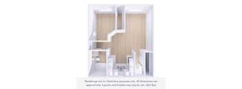 A white, wooden, open-concept apartment with a kitchen, bathroom, and living room.