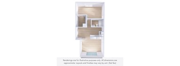 A rendering of a house layout with a kitchen, living room, and bathroom.