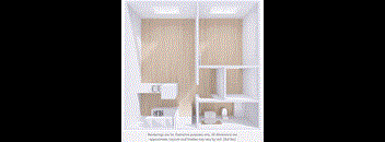 A rendering of a bathroom with a toilet, sink, and shelves.