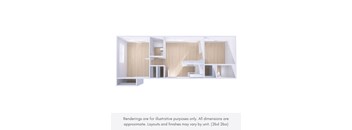 A white and wood interior design rendering with a note below stating that the renderings are for illustrative purposes only and all dimensions are approximate.