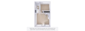 A rendering of a small, open-concept kitchen and living area.