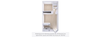 A rendering of a room with a shelving unit and a note that the image is for illustrative purposes only.