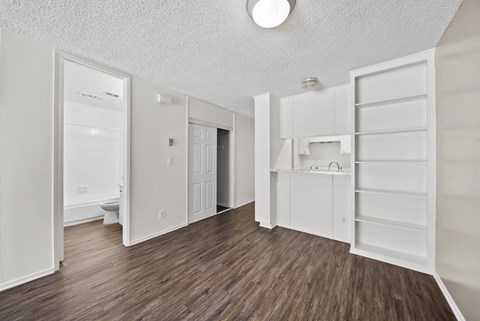 A white kitchen with wood flooring and a white ceiling.