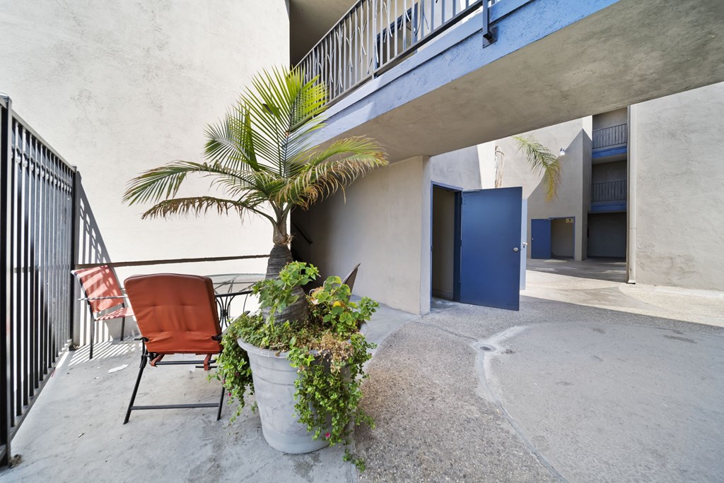 A patio with a chair, a table, and a potted plant.