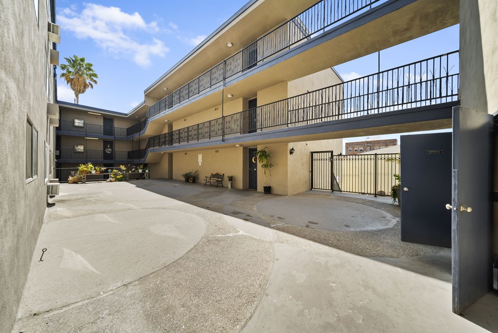 A courtyard with a black gate and a palm tree.