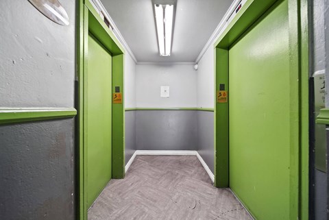 A hallway with green doors and grey carpeting.