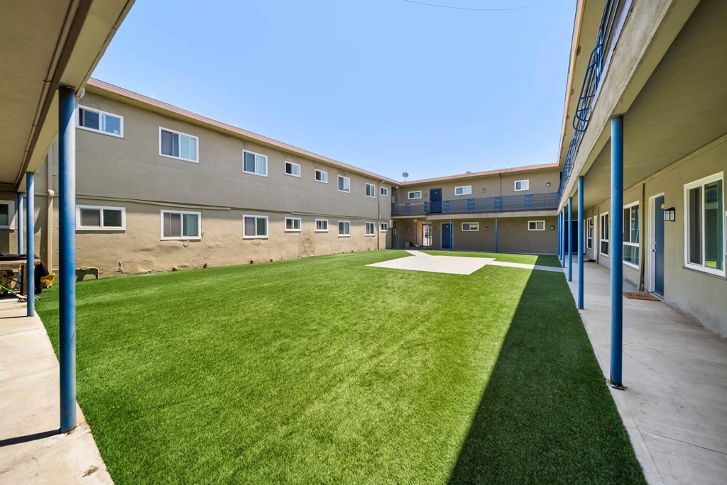 A grassy courtyard is surrounded by apartment buildings.