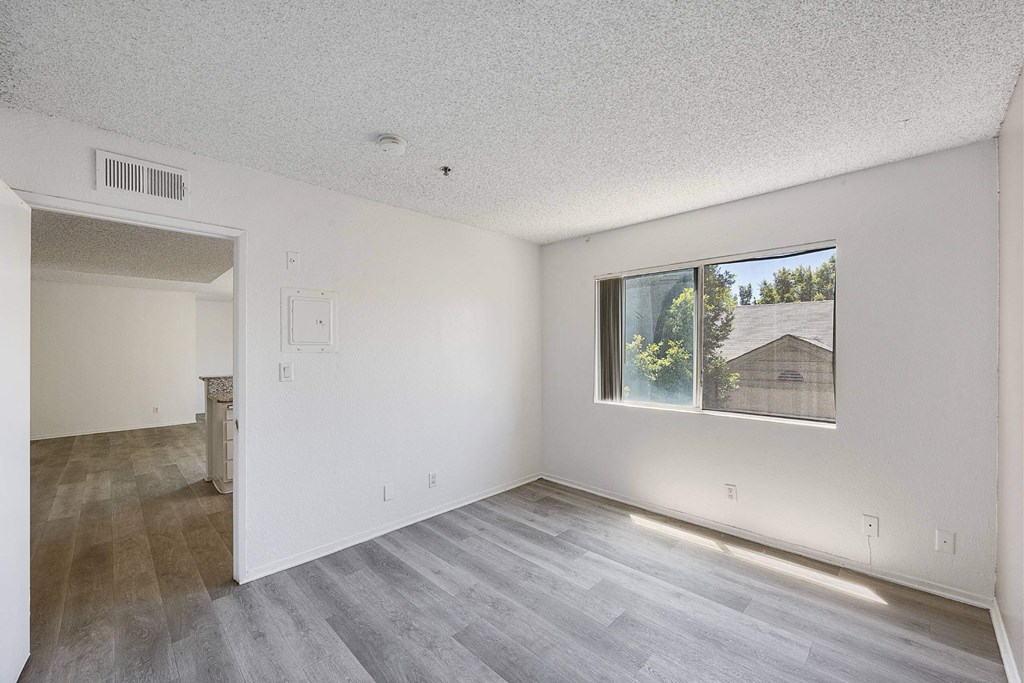A room with a window showing a house and trees outside.