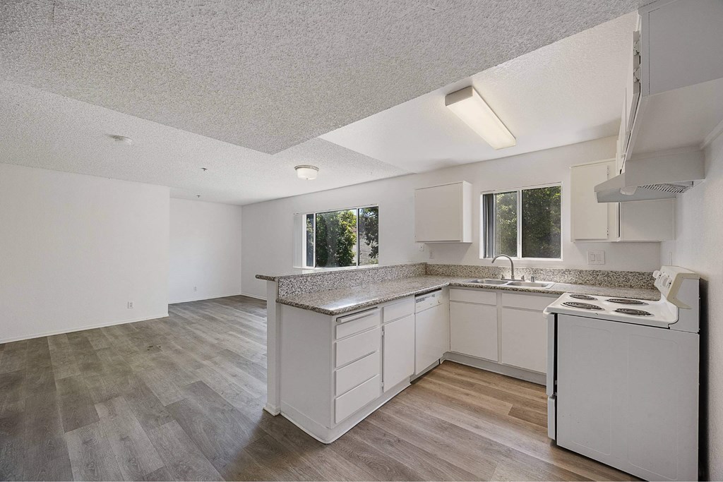 A kitchen with white cabinets and a granite countertop.