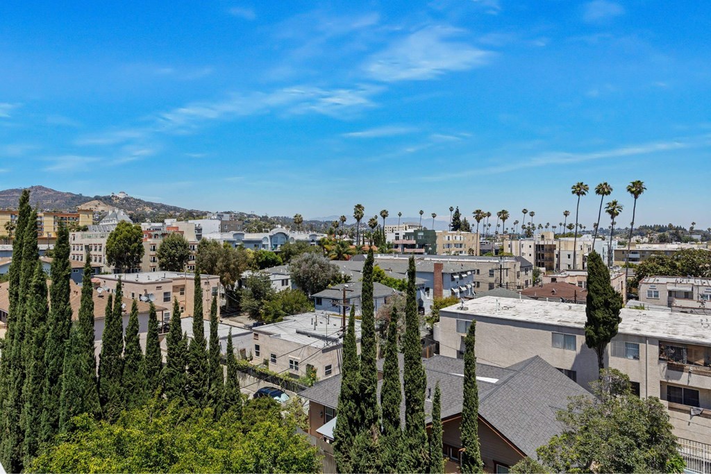 A cityscape with buildings and palm trees under a clear blue sky.