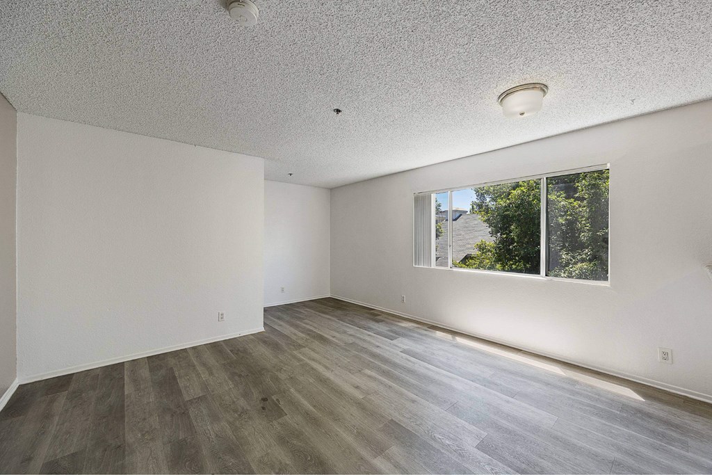 A room with a window and wooden flooring.
