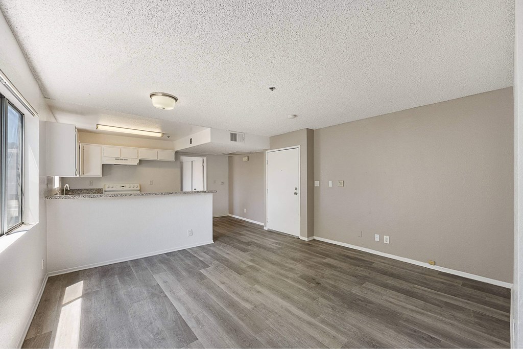 A kitchen area with a counter and cabinets.