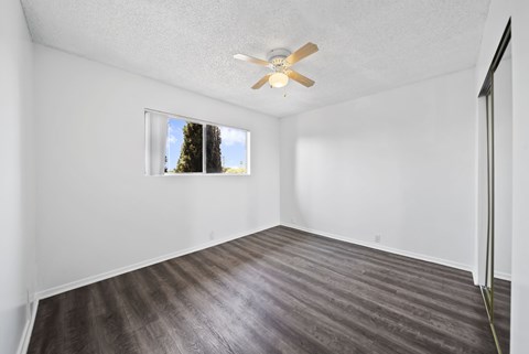 A room with a ceiling fan and a window showing a tree outside.