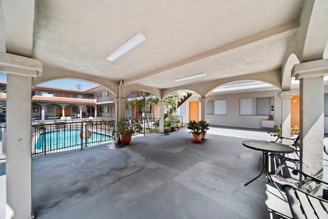 A patio with a table and chairs overlooking a pool.