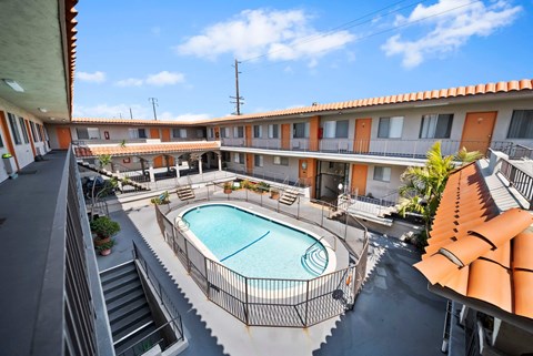 A view of a pool from a balcony.
