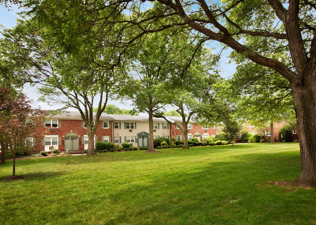 A tree in a grassy area in front of a building at Rivercrest Apartments, Piscataway , NJ