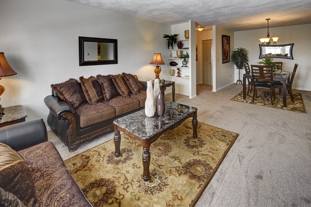 A living room with a brown sofa and a coffee table.