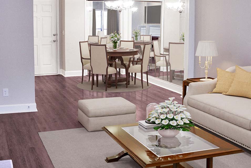 A living room with a dining table and chairs.