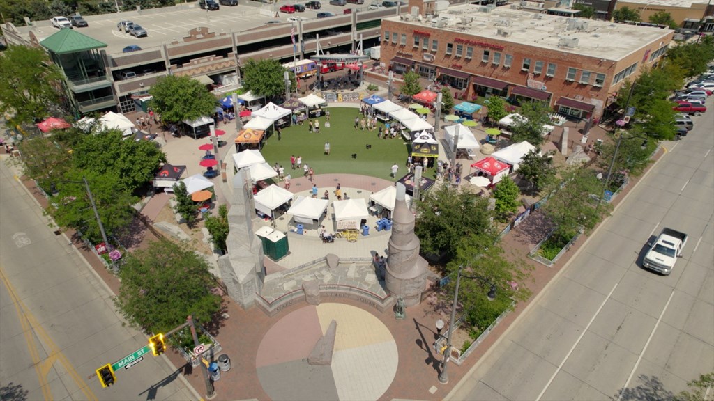 an aerial view of the fountain in the center of a city park  at Antelope Ridge, Box Elder, SD