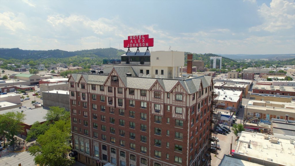 an aerial view of a building with a sign on top of it  at Antelope Ridge, Box Elder, South Dakota
