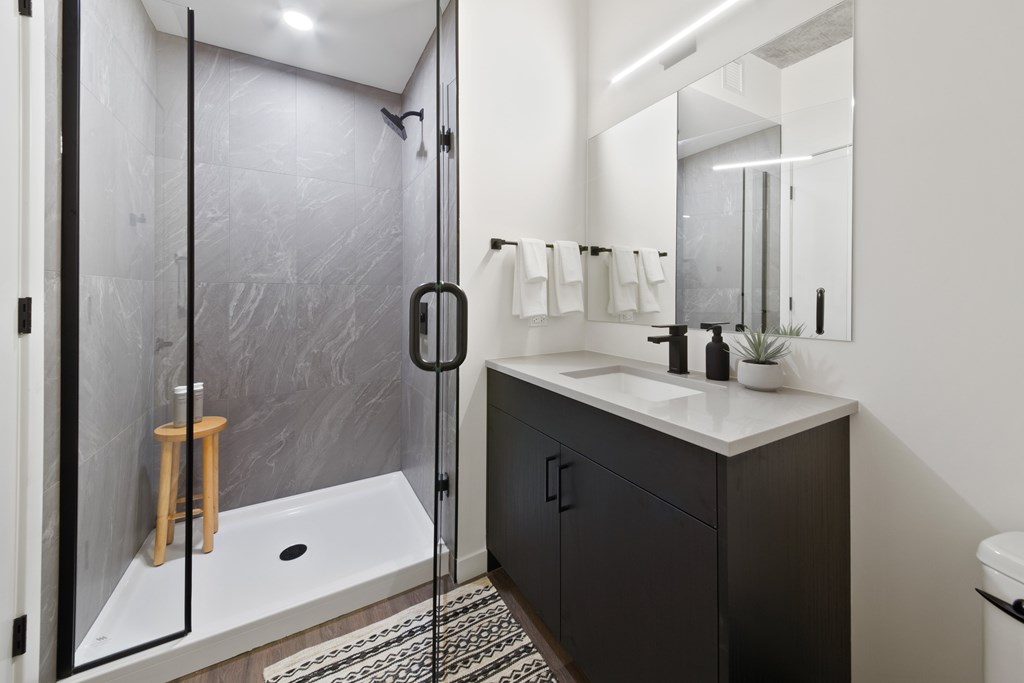A modern bathroom with a walk-in shower and double sink vanity.