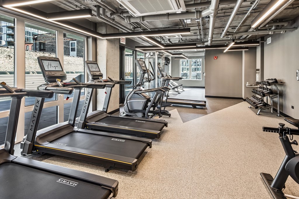 A gym with treadmills and exercise equipment.