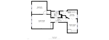 A black and white image of a floor plan for a one bedroom, one bathroom apartment.
