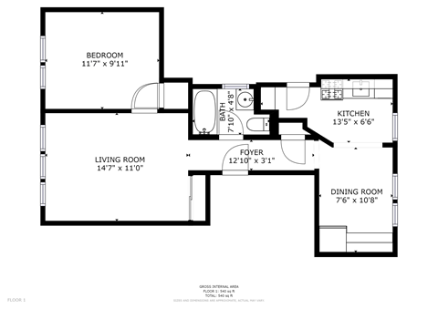A black and white image of a floor plan for a one bedroom, one bathroom apartment.