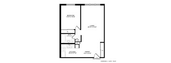 A black and white image of a floor plan for a one bedroom, one bath, 700 square foot apartment.