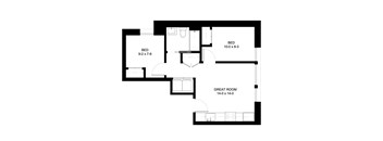 A black and white image of a floor plan for a house with two bedrooms, a great room, and a bathroom.