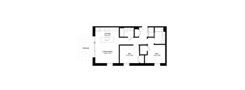 A black and white image of a floor plan for a house with a kitchen, living room, dining room, and two bedrooms.