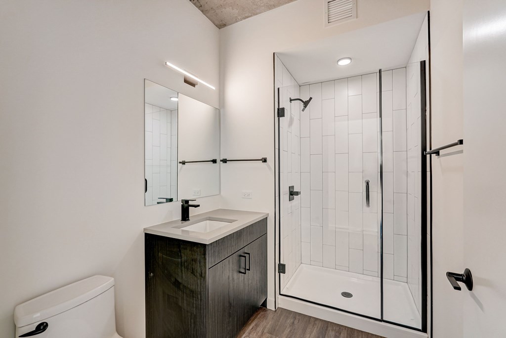 A modern bathroom with a walk-in shower and a white sink.