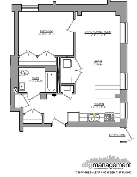 A floor plan for a 1 bedroom apartment on the 1st floor.