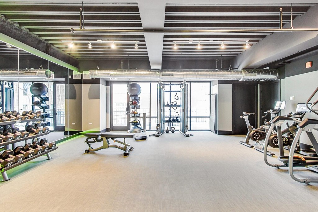a gym with weights and other exercise equipment in the foreground and a large window in the background