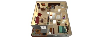 A 3D image of a house interior with a kitchen, living room, and bedrooms.