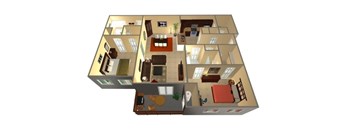 A 3D rendered image of a house layout.