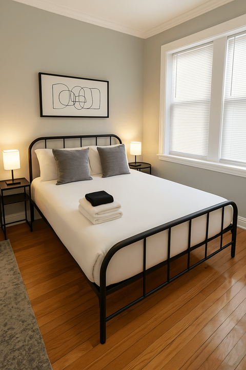 A bed with a white sheet and two grey pillows is in the image.