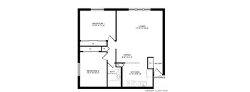 A black and white image of a floor plan for a two bedroom, one bathroom apartment.