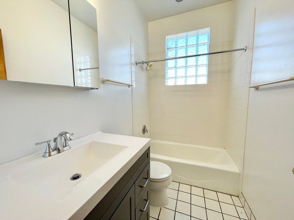 a bathroom with a sink and a shower and a toilet