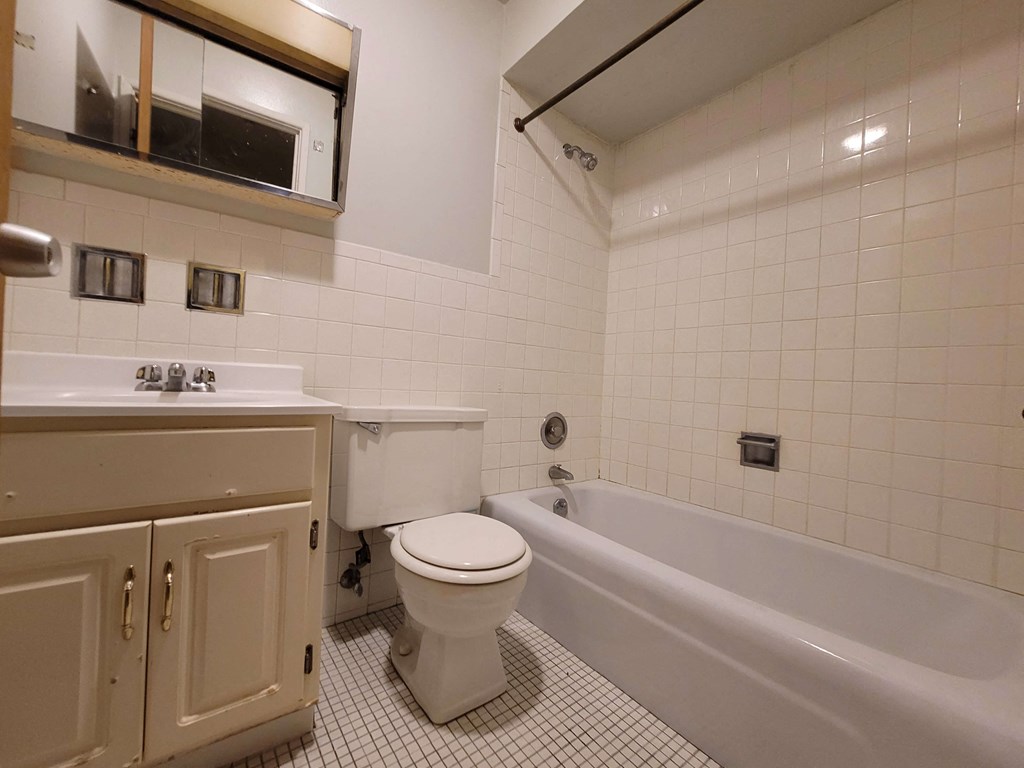 a bathroom with a toilet and a tub and a sink