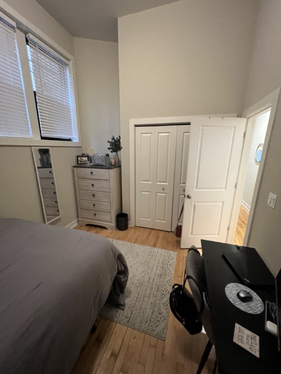 a bedroom with a bed and a dresser and a closet