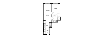 A floor plan of a small apartment with a kitchen, living room, and bathroom.