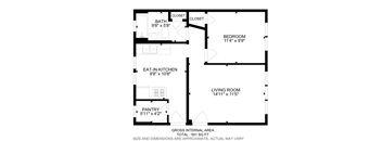 A floor plan of a house with a living room, bedroom, bathroom, kitchen, and pantry.