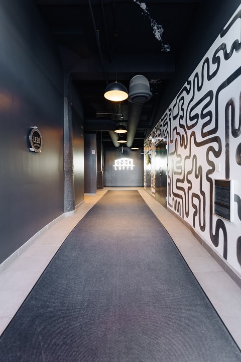 A long hallway with a black and white pattern on the wall.