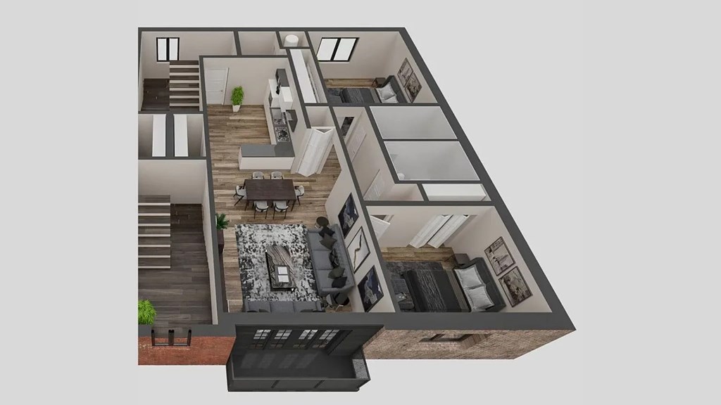 A 3D rendered image of a modern house interior.