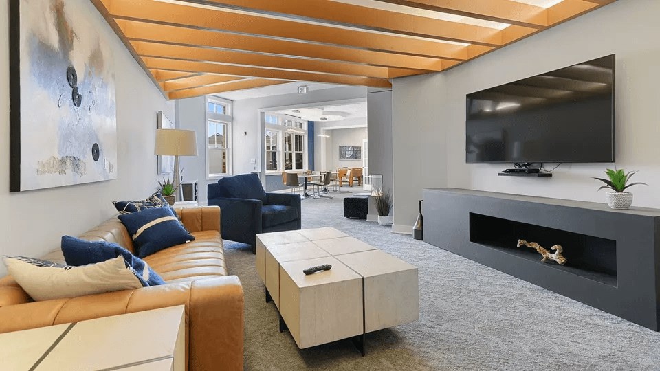 A modern living room with a fireplace and a flat screen TV.