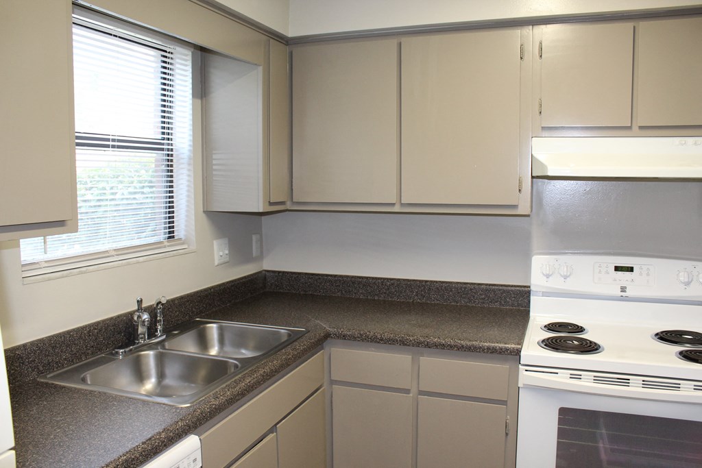A kitchen with a stove, sink, and cabinets.