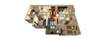 A 3D rendered image of a house layout.