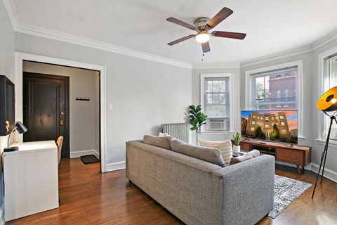A living room with a grey couch and a ceiling fan.