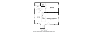 A floor plan of a house with a living room, dining room, kitchen, bedroom, and bathroom.